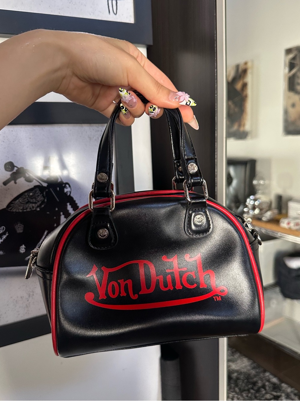 Von Dutch Black Mini Dome Satchel with Red Logo Trim - Picture 1 of 4